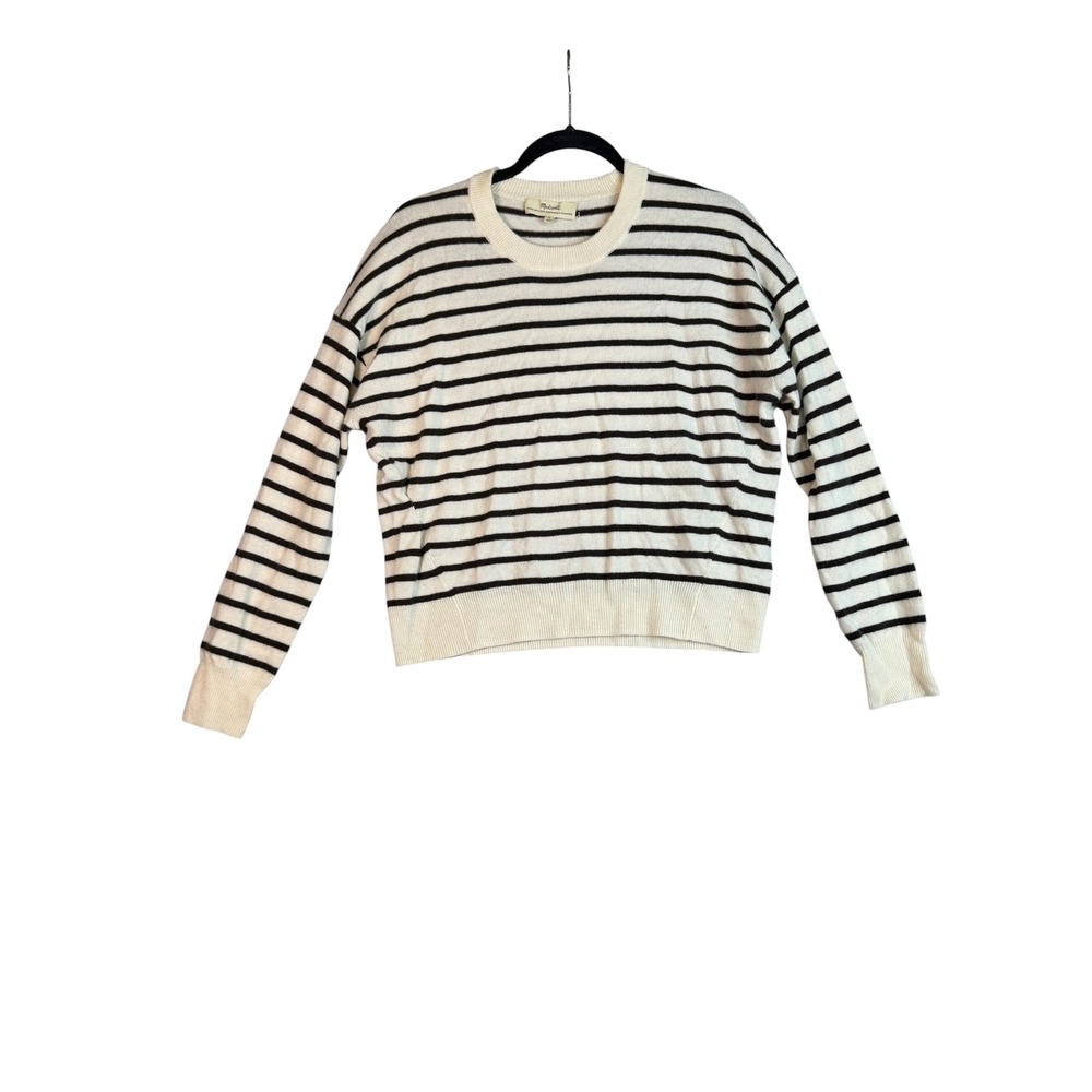 Madewell 100% Cashmere Striped Crewneck Sweater Ivory Black Small NE155